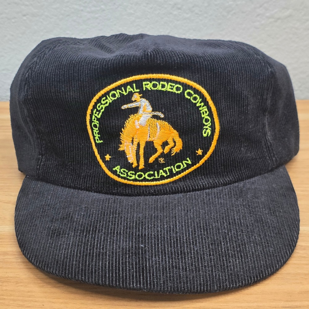 Vintage PRCA Rodeo Black Corduroy Adjustable Strapback Hat Cap Union Made USA